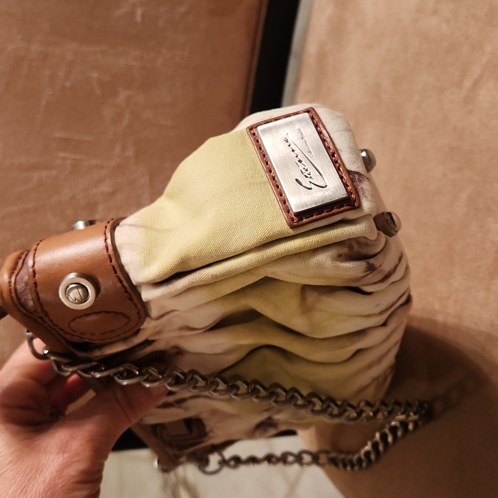 VINTAGE Elienne collection privee tie dyed canvas and brown leather small should - Picture 10 of 17
